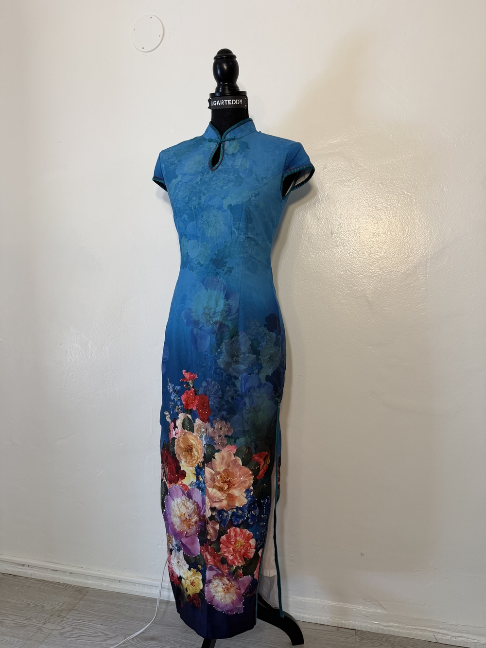 Blue Floral Cheongsam Maxi Dress - Picture 7 of 12
